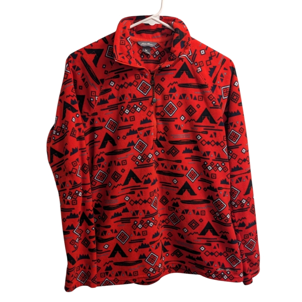 Eddie Bauer Red Camping Pattern Qtr Zip Fleece Pullover M